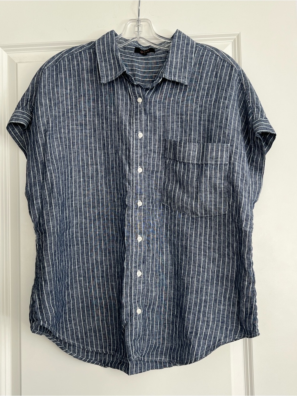 Quince Navy and White Vertical Stripe Short-Sleeve Button-Down